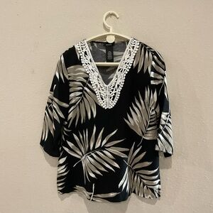 Premise Linen Blend Tunic Black/Tan Lace Palm Leaves V-neck Boho Women’s Medium